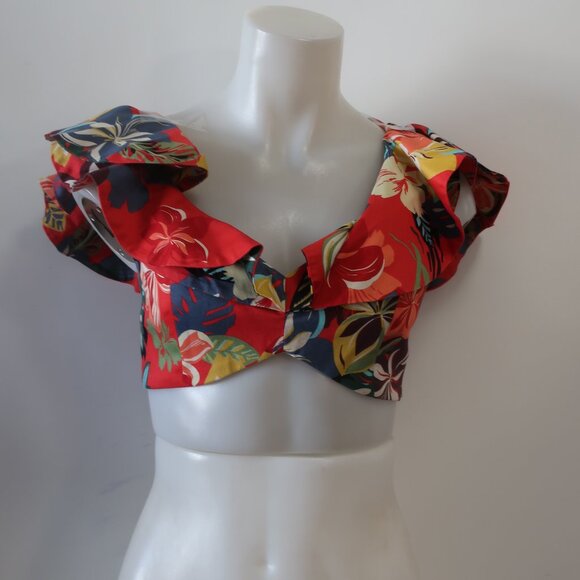 Women Alexis Camille Red Multicolor Floral Cold Shoulder Calypso Crop Top S - Picture 6 of 11